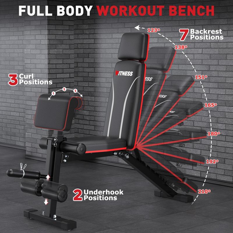 Banco de pesas ajustable con extensión de piernas y almohadilla para predicador - Banco de entrenamiento plegable para gimnasio en casa, banco para hacer ejercicio con inclinación, declinación y abdominales.