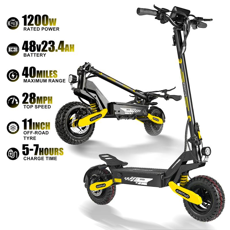 Patinete eléctrico para adultos, de alta potencia (1200 W), batería de 48 V 13/23,4 amperios-hora, autonomía de 20 a 40 millas, neumáticos todoterreno de 11 pulgadas, plegable, con amortiguación delantera y trasera, ideal para que los adolescentes se desp