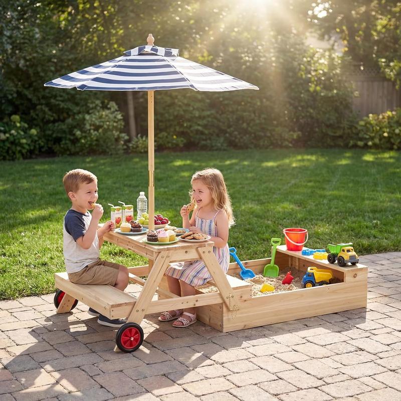 Mesa de picnic infantil Costzon con sombrilla de altura ajustable, para interior y exterior, mesa de arena y agua para jardín, patio trasero, terraza, dealsforyou