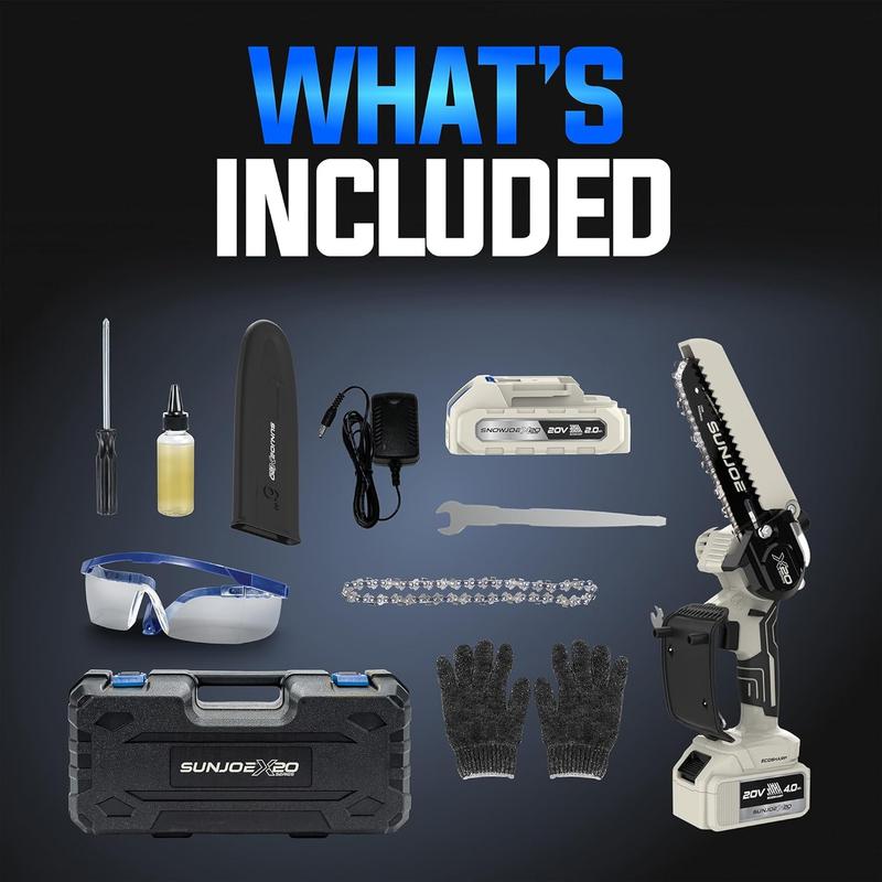 Motosierra Sun Joe Mini de 6 pulgadas inalámbrica - Sierra de poda eléctrica ligera de una sola mano para hombres y mujeres, personas mayores, jardinería, camping, leña - Incluye cadena de repuesto + cargador + aceite + guantes + estuche rígido | Idea de