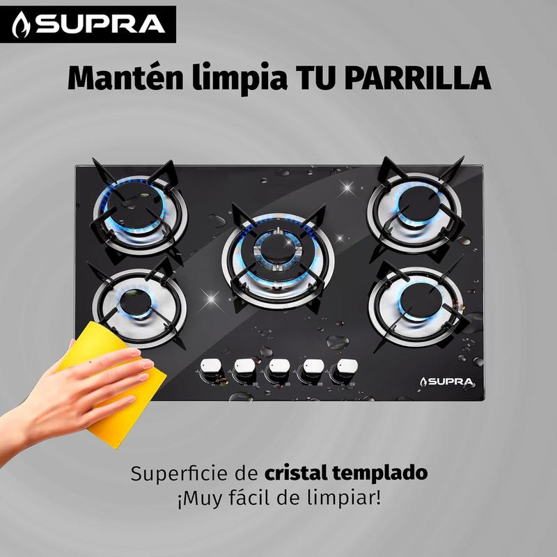SUPRA Parrilla a Gas Empotrable de 5 Quemadores - 76 cm, Cubierta de Cristal Templado Negro y Válvula de Seguridad Avanzada Mod. BRIONI