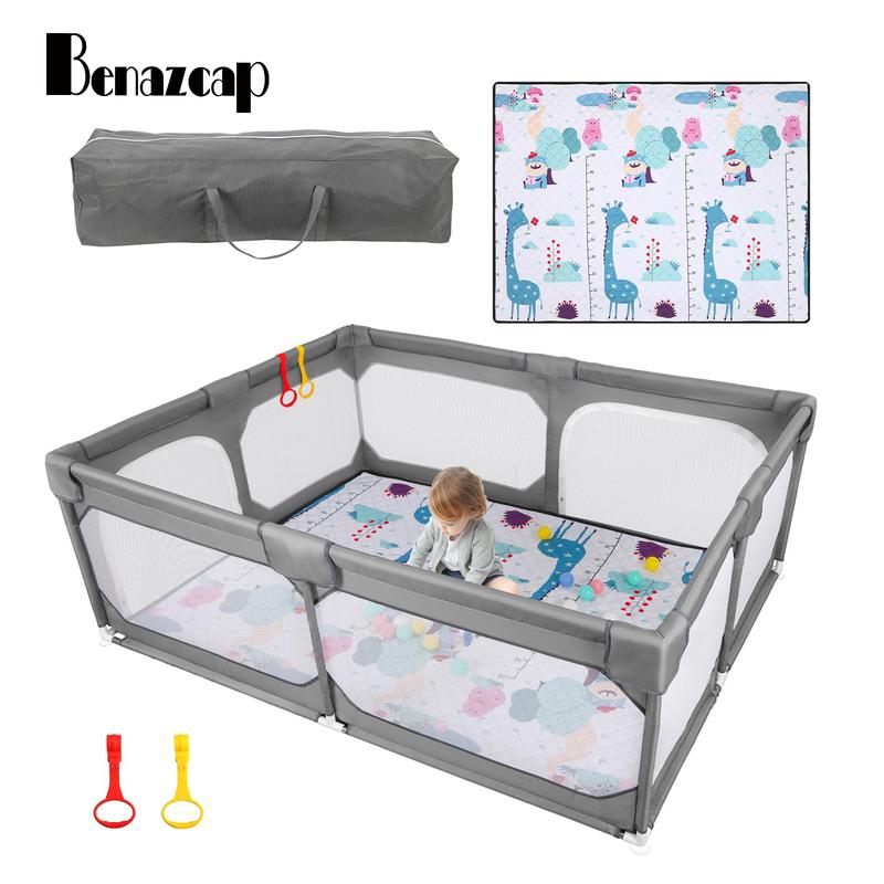 Parque infantil extragrande Benazcap con alfombra, libre de BPA, diseño seguro sin huecos para diversión en interiores y exteriores, regalo para futuras mamás, parque infantil gris con valla resistente.