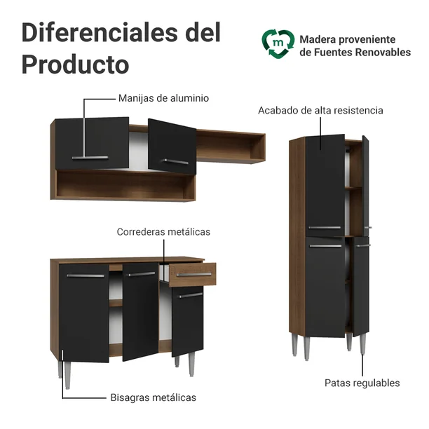 Cocina Integral Madesa Emilly Pop 229cm Marrón/Negro GREM2290027K