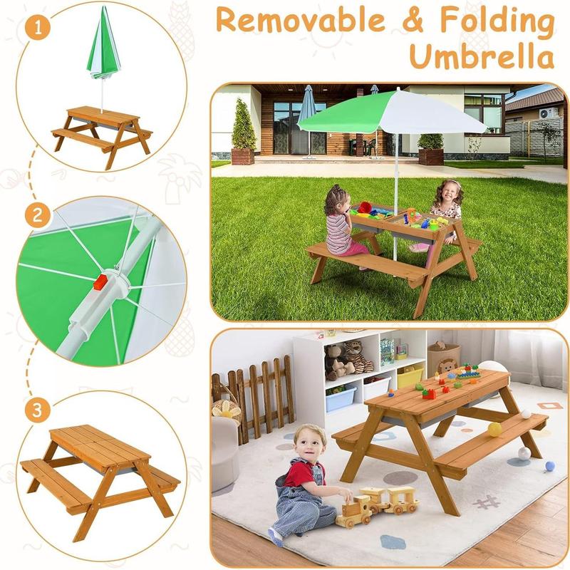 Mesa de picnic infantil Costzon con sombrilla de altura ajustable, para interior y exterior, mesa de arena y agua para jardín, patio trasero, terraza, dealsforyou