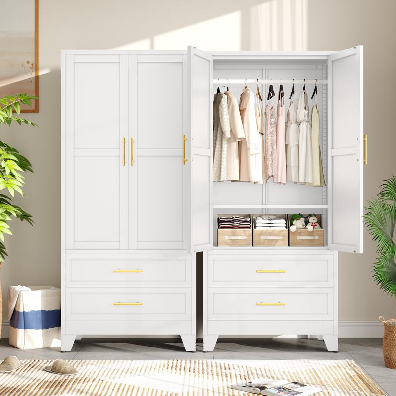 Armario metálico con 2 puertas y 2 cajones, armario alto de 71" con barras para colgar ropa y estante ajustable, armario de almacenamiento de acero para dormitorio,