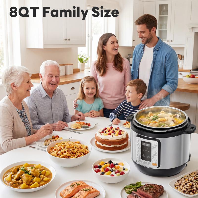 Olla a presión eléctrica multifunción con programas preestablecidos para cocinar rápidamente arroz, guisos, sopas y legumbres. Ideal para preparar comidas para familias ocupadas entre semana y cocinas pequeñas.