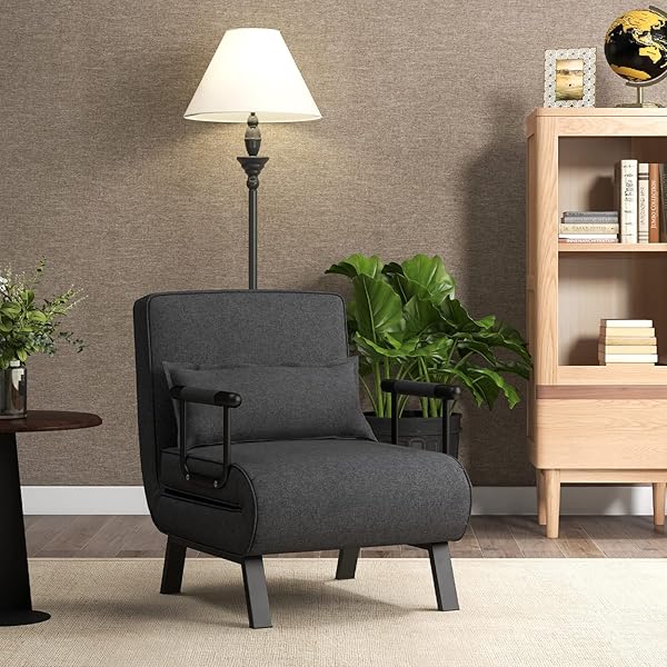 Silla convertible, 4 en 1, silla de lectura para sala de estar con almohada, brazo y respaldo ajustable de 5 posiciones, sofá cama individual, color café Marrón