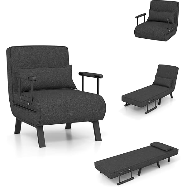 Silla convertible, 4 en 1, silla de lectura para sala de estar con almohada, brazo y respaldo ajustable de 5 posiciones, sofá cama individual, color café Marrón