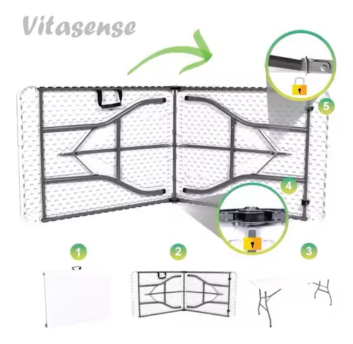 Vitasense mesa 180 cm plegable de exterior de apoyo y trabajo color blanco acero y plástico MESA03