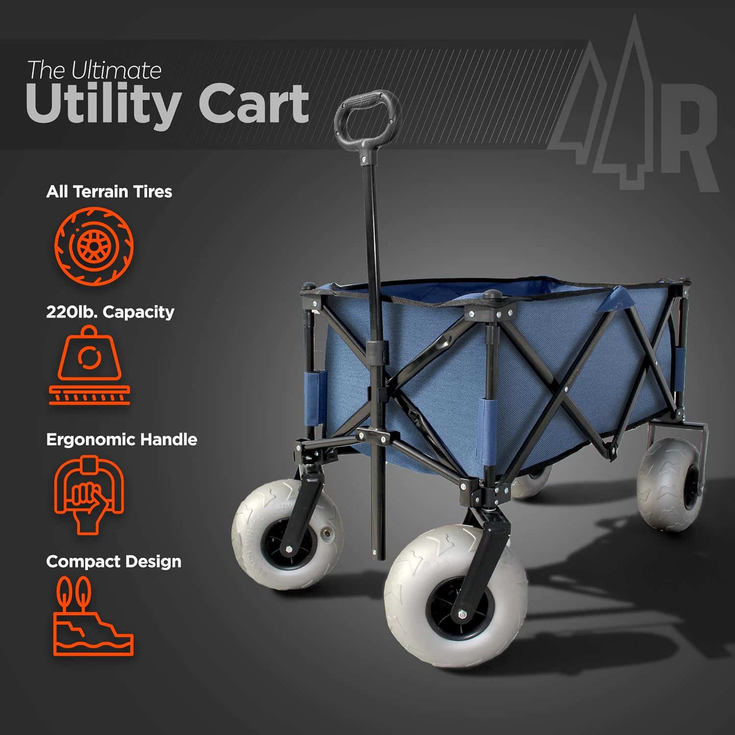 Beach Wagon with Big Wheels for Sand - All Terrain Steel Frame Utility Cart with 9" Pneumatic Tires, Collapsible Folding Design (Sand Warrior RX800) Navy Blue