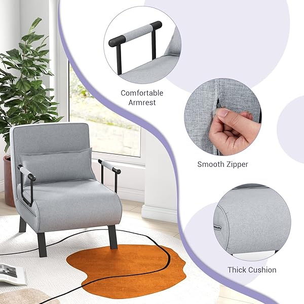 Silla convertible, 4 en 1, silla de lectura para sala de estar con almohada, brazo y respaldo ajustable de 5 posiciones, sofá cama individual, color café Marrón