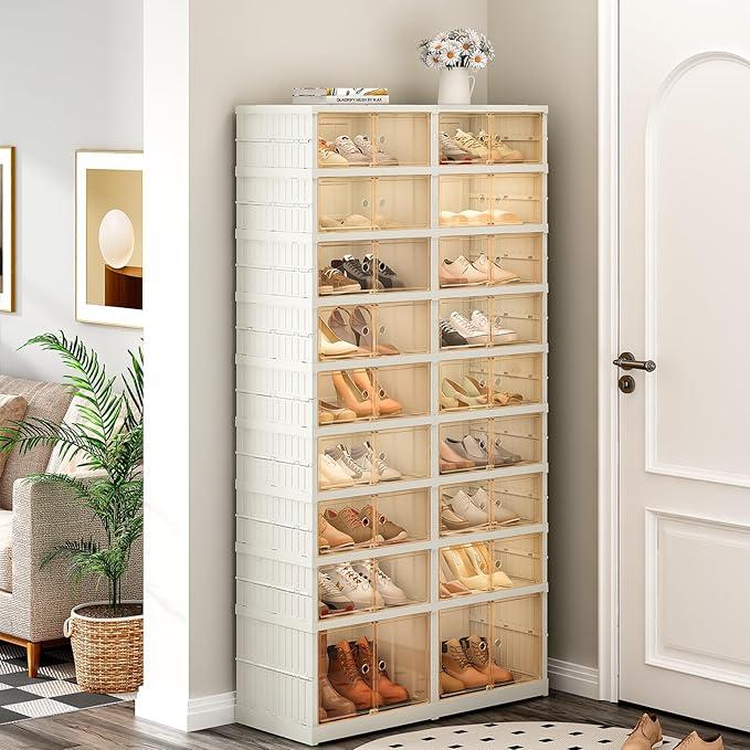 2*(8+1 layers) foldable shoe rack, storage box, transparent closet, management and space saving, home storage, suitable for compact space, home space, shoes, plastic, Multilayer Display Collapsible Design Organiser Light