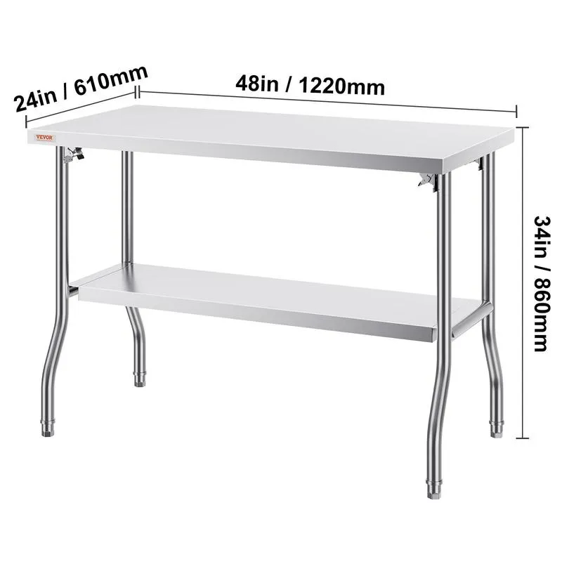 Mesa de preparación comercial plegable, estación de trabajo comercial de 48 x 24 pulgadas con estante inferior, mesa plegable de acero inoxidable resistente con carga de 300 libras.