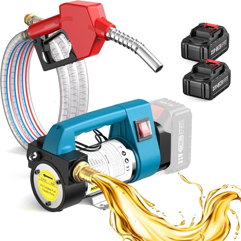 Bomba de transferencia de combustible a batería, bomba de transferencia de diésel inalámbrica de 21 V con 2 baterías de 4,0 Ah, kit de bomba de diésel autocebante portátil de 12 GPM con boquilla y manguera de apagado automático para diésel y queros