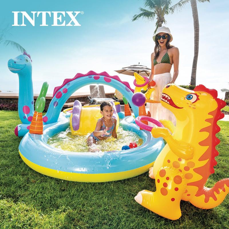Piscina inflable infantil Intex Dinoland Play Center de 3,35 m x 2,30 m x 112 cm.