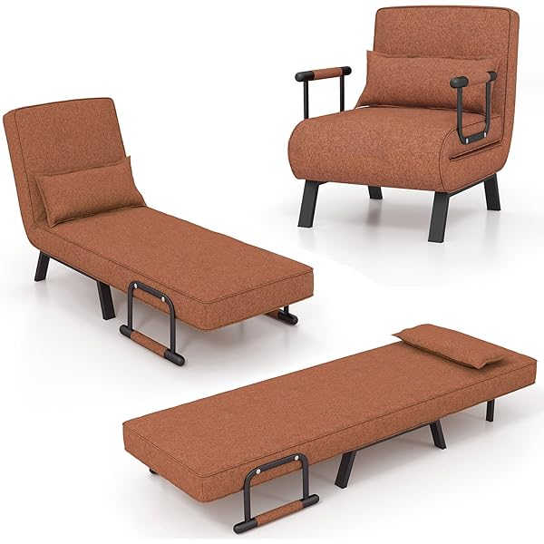 Silla convertible, 4 en 1, silla de lectura para sala de estar con almohada, brazo y respaldo ajustable de 5 posiciones, sofá cama individual, color café Marrón