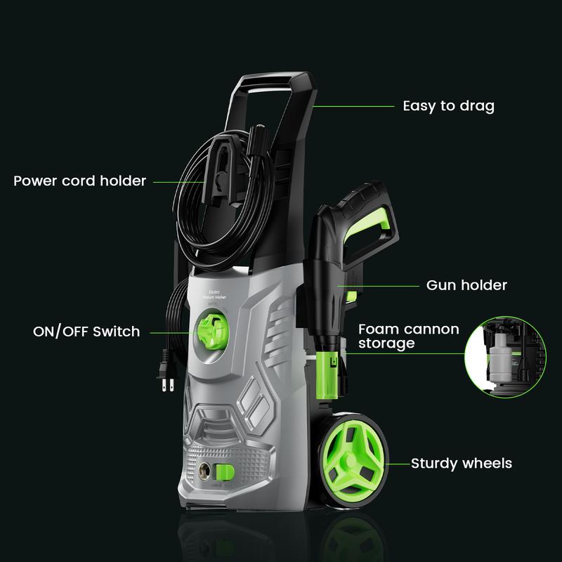 Hidrolavadora eléctrica de 1600 W, 2.6 GPM, 2600 PSI con cañón de espuma para limpiar autos, entradas de vehículos, terrazas, cercas, patios y exteriores. Incluye 3 longitudes de lanza. Hidrolavadora portátil dealforyourday