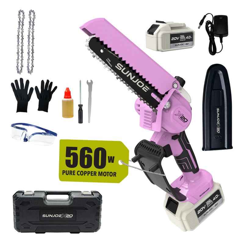 Motosierra Sun Joe Mini de 6 pulgadas inalámbrica - Sierra de poda eléctrica ligera de una sola mano para hombres y mujeres, personas mayores, jardinería, camping, leña - Incluye cadena de repuesto + cargador + aceite + guantes + estuche rígido | Idea de