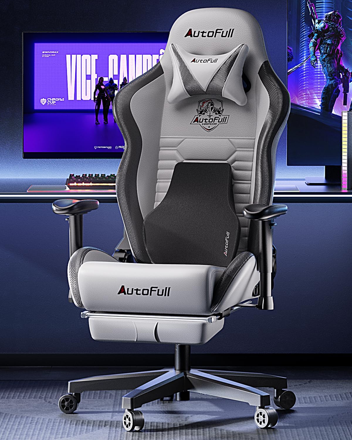 AutoFull Silla Gaming Silla Gamer Ergonómica Silla de Oficina Cuero de PU Silla de Escritorio,Altura e inclinación Ajustables,Reposacabezas y Soporte Lumbar,Reposapiés, (Gris)