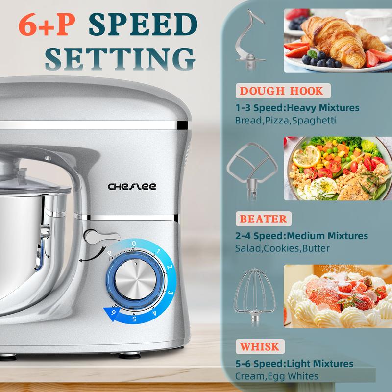 Batidora eléctrica de pie de 660 W, 6+P velocidades, tazón de acero inoxidable de 6.5 cuartos con gancho para masa, batidor de varillas y pala mezcladora, perfecta para cocineros y reposteros caseros.