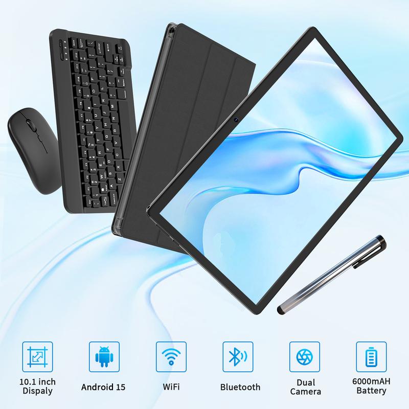 Tableta PYNAREL Android de 15 pulgadas (10,1 pulgadas), dispositivo portátil 2 en 1 con teclado, ratón, funda, lápiz óptico y cámara dual.
