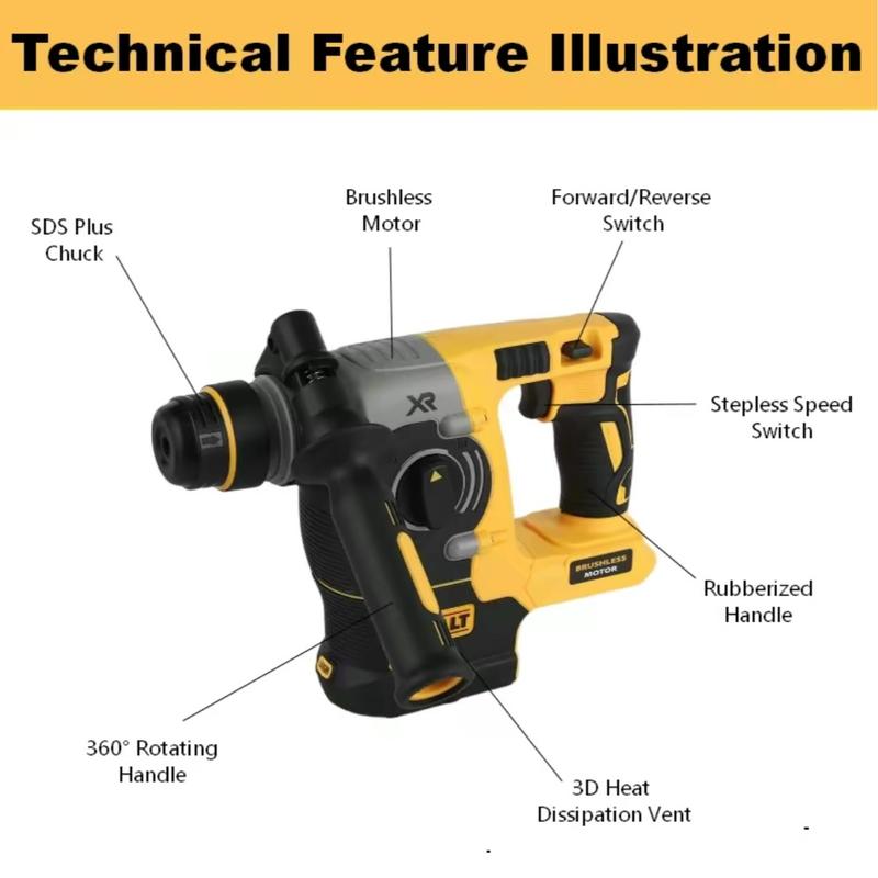 Martillo perforador rotativo inalámbrico sin escobillas DEWALT DCH273 de 20 V con energía de impacto de 2,1 J y batería de 6,0 Ah para perforar hormigón, ladrillo y piedra. Martillo perforador rotativo compacto con mango auxiliar de 360 ​​grados y rendimi