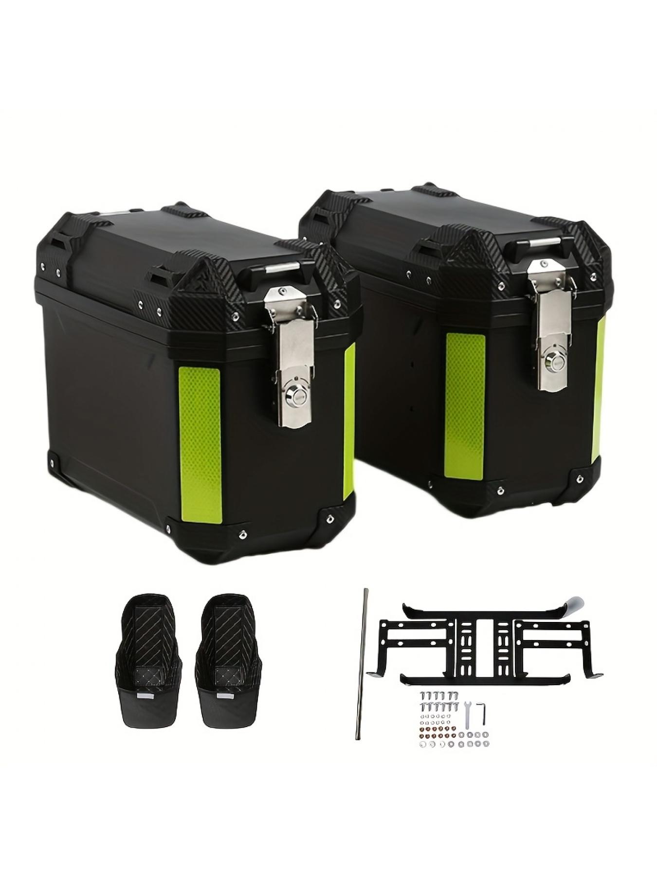 1 set of 2 pcs heavy-duty motorcycle luggage, a pair of side boxes made of ABS plastic material, comes with installation brackets, safety locks, reflective strips, and lining, making it an essential accessory for vehicles