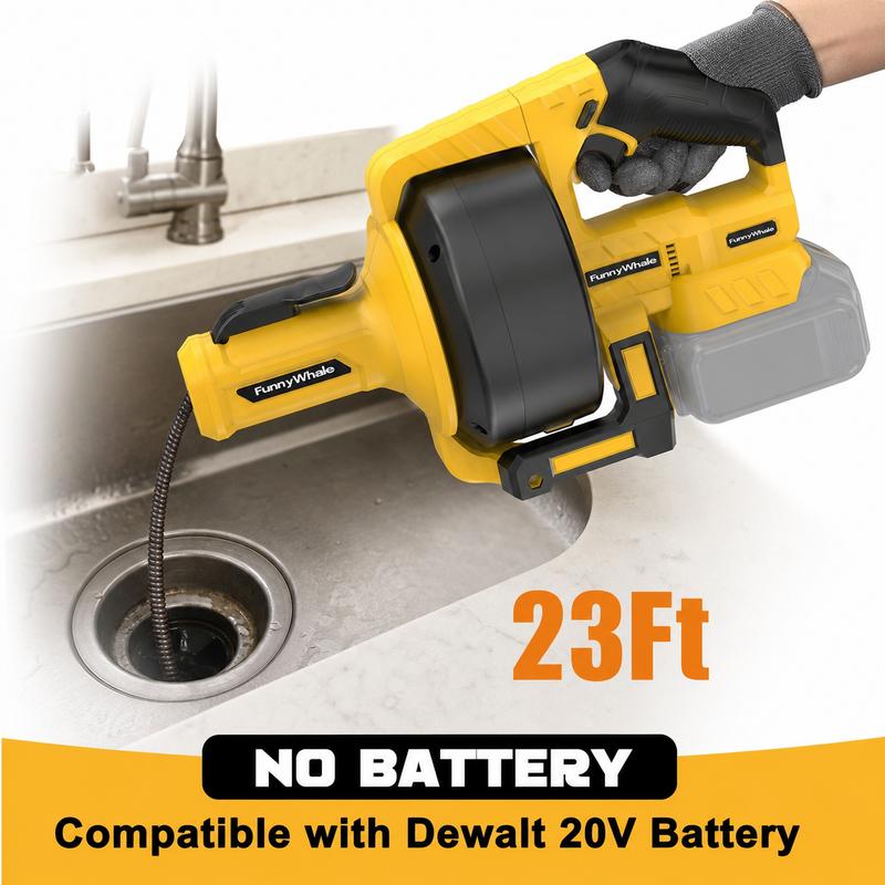 Desatascador inalámbrico FunnyWhale compatible con batería Dewalt de 20 V (batería no incluida). Serpiente desatascadora de alimentación automática con cable de 7 metros. Herramienta para desatascar desagües de fregaderos, inodoros, bañeras y alcantarilla
