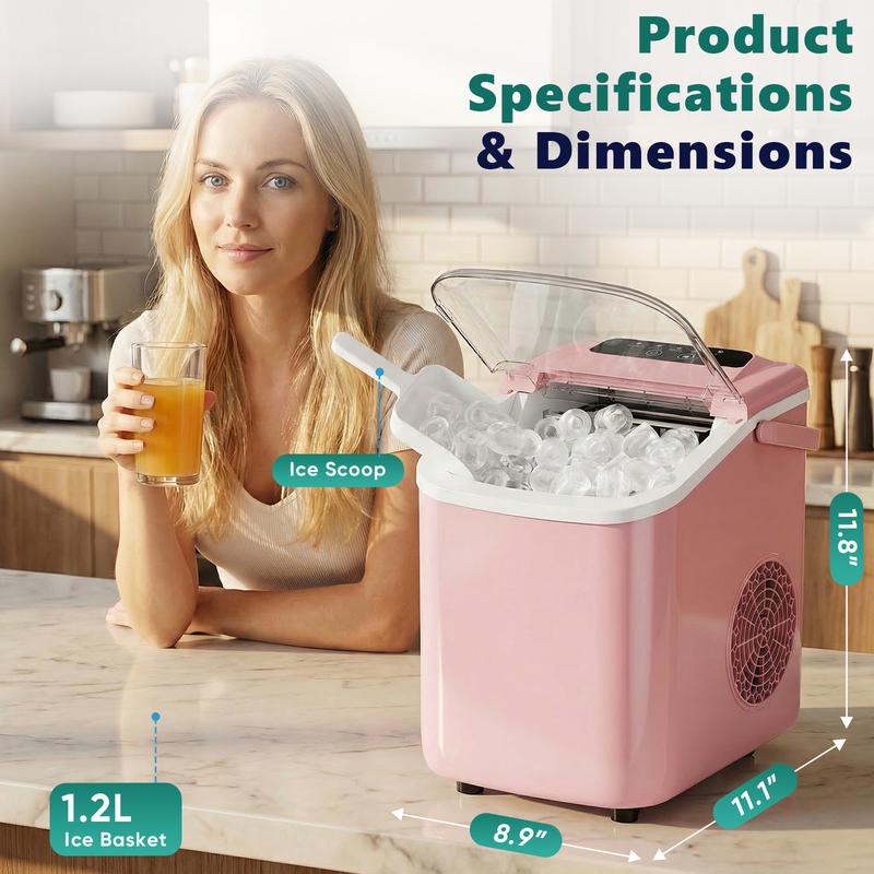 Máquina de hielo compacta Sweetcrispy para encimera con asa, 9 cubitos en 6 minutos, 11,8 kg/24 horas, capacidad de 1,2 L, autolimpieza (con limpiador), funcionamiento silencioso, incluye cesta y pala, portátil para el hogar y la oficina.