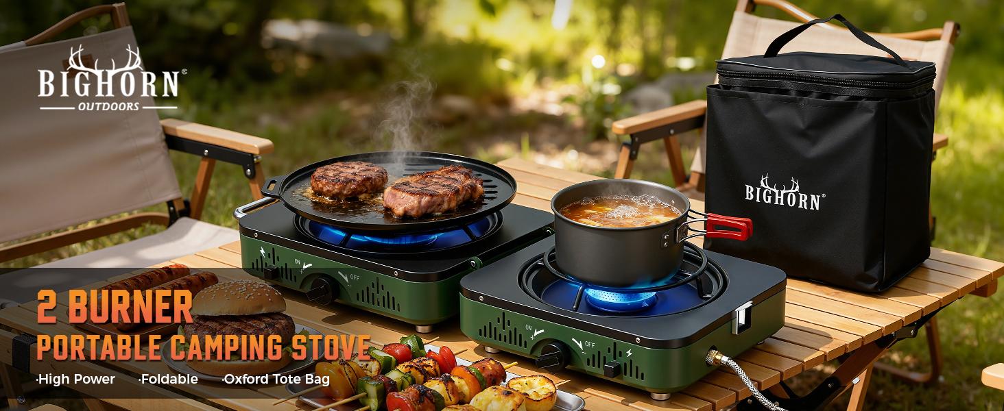 Estufa de camping de propano de 2 quemadores BIG HORN OUTDOORS, estufa portátil de camping, estufa de gas plegable, incluye sartén y bolsa de transporte para camping, uso de emergencia y cocina al aire libre.