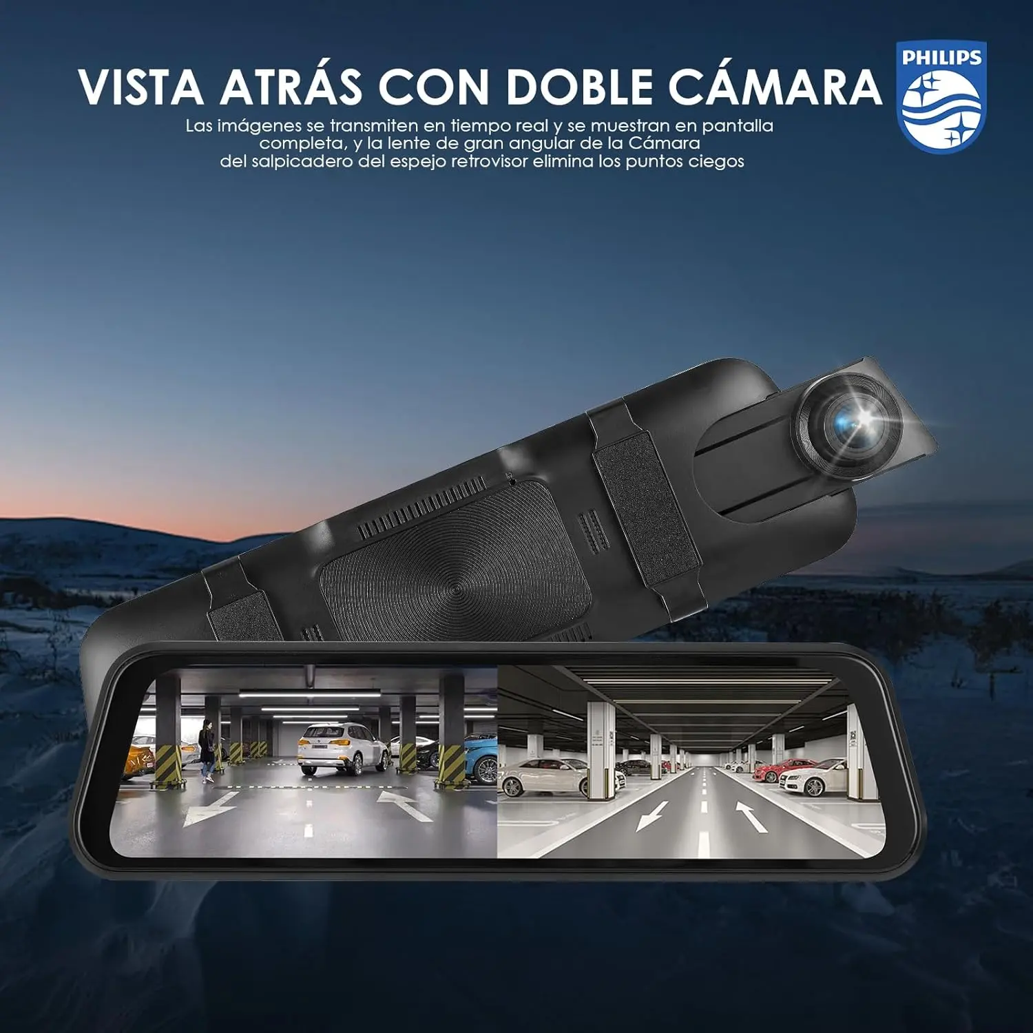 PHILIPS Cámara de Espejo Retrovisor, Cámara de Salpicadero Delantera y Trasera 1080P para Coche, 9.66" DashCam Espejo Pantalla Táctil con Función Visión Nocturna HD,Imagen Reversa,Free 32GB Card