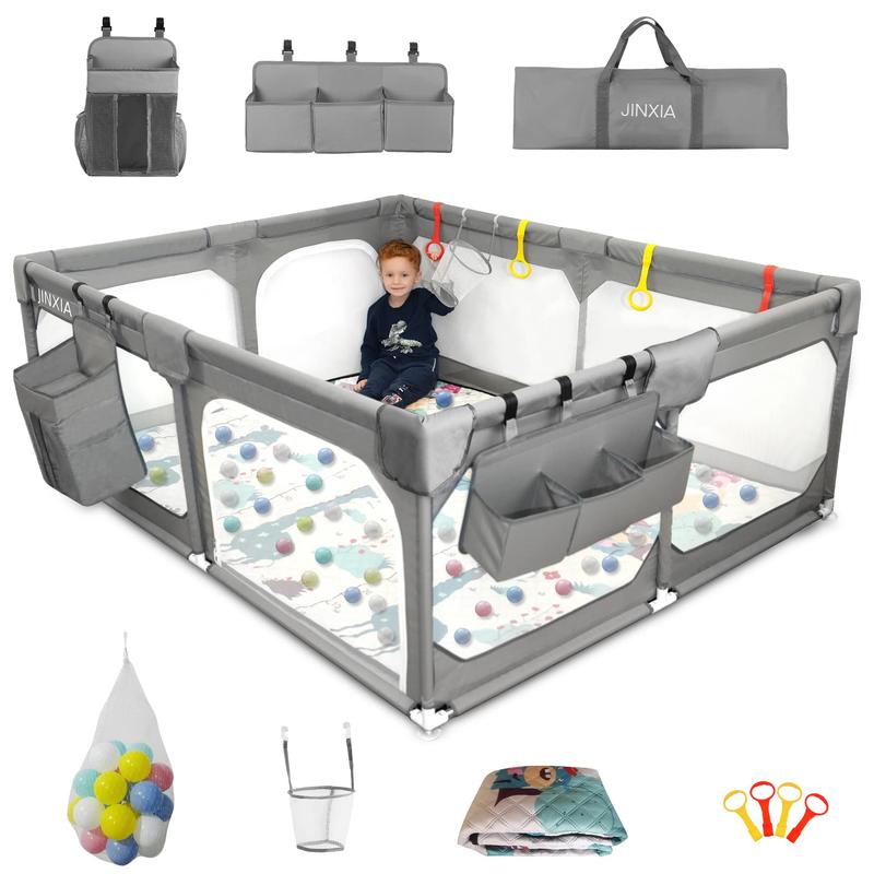 Parque infantil extragrande Benazcap con alfombra, libre de BPA, diseño seguro sin huecos para diversión en interiores y exteriores, regalo para futuras mamás, parque infantil gris con valla resistente.