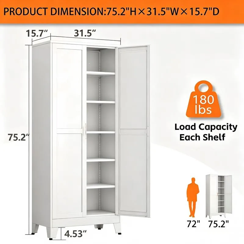 Armario despensa metálico con 2 puertas y 5 estantes ajustables, 190 cm (75"), armarios de almacenamiento de cocina con tiradores dorados, almacenamiento versátil para lavadero, sala de estar, baño, comedor, cuarto de servicio, organizador de muebles para