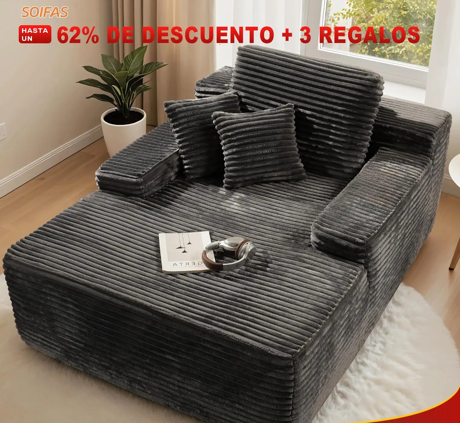 【Envío gratis】Soifas Sillón chaiselongue interior de 170cm*125cm,Sofá cama tapizado de gran tamaño, sofá cama, sillones para leer, sofás de 02