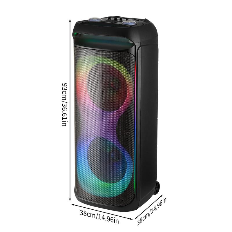 Altavoz Bluetooth PA recargable con doble woofer de 12" + tweeter de 1.5", caja de sonido inalámbrica portátil con dos micrófonos, control remoto y luz LED para fiestas.