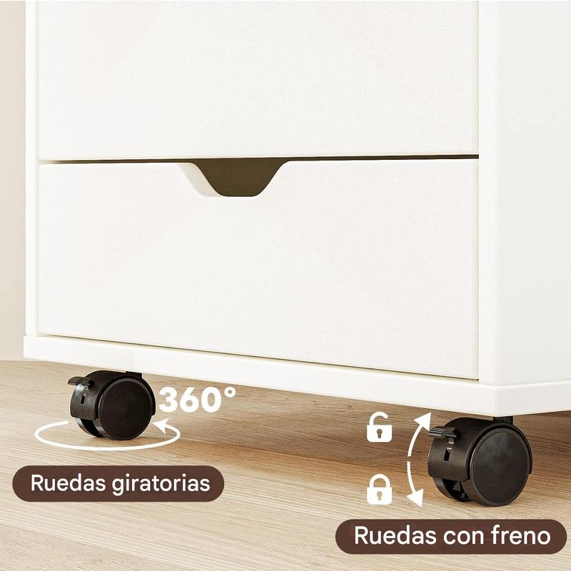 Cónomda de Madera con 7 Cajones Organizador de Ropa y Archivero Móvil, Cofre de Almacenamiento con Ruedas Ruedas Giratorias 360° y Freno