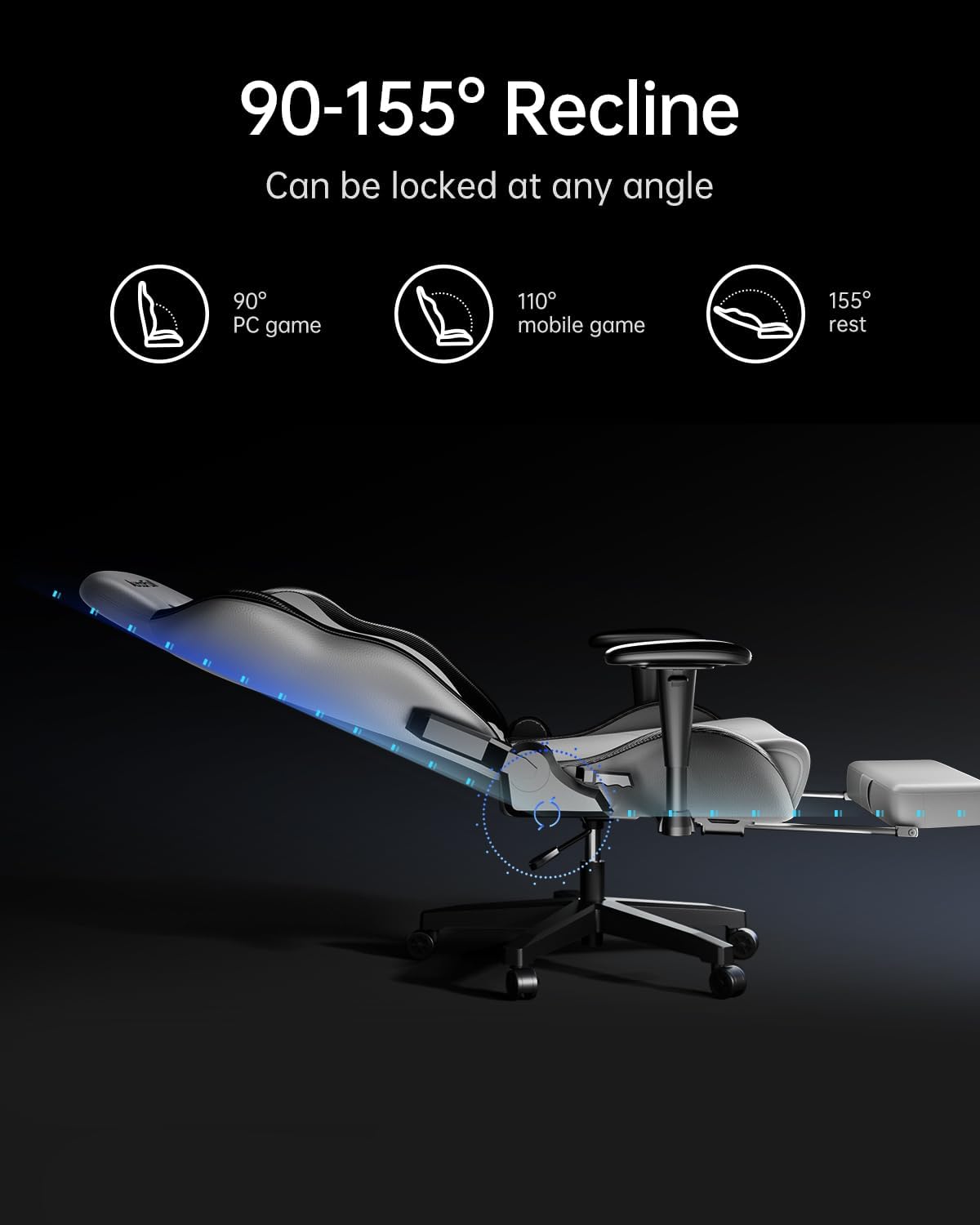 AutoFull Silla Gaming Silla Gamer Ergonómica Silla de Oficina Cuero de PU Silla de Escritorio,Altura e inclinación Ajustables,Reposacabezas y Soporte Lumbar,Reposapiés, (Gris)