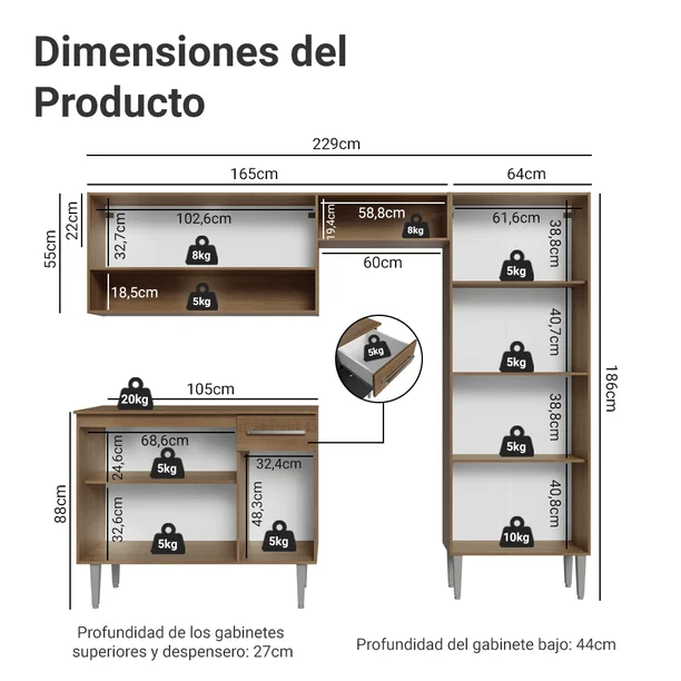 Cocina Integral Madesa Emilly Pop 229cm Marrón/Negro GREM2290027K