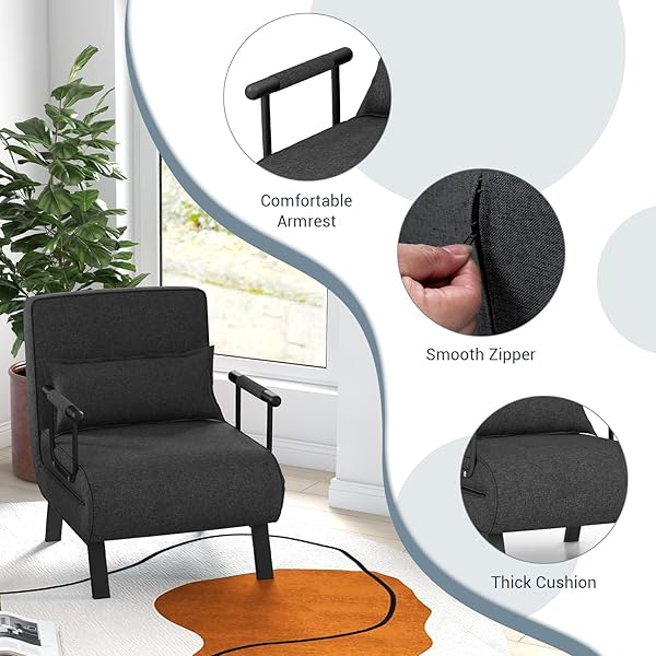 Silla convertible, 4 en 1, silla de lectura para sala de estar con almohada, brazo y respaldo ajustable de 5 posiciones, sofá cama individual, color café Marrón
