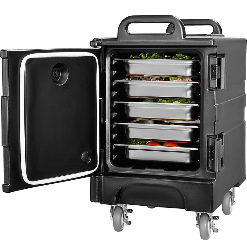 Transportador de bandejas de alimentos isotérmicos VEVOR, caja térmica de 81 cuartos para catering, transportador de cajas de alimentos con hebillas dobles, calentador de alimentos de carga frontal con asas, apilable de carga trasera con ruedas para resta