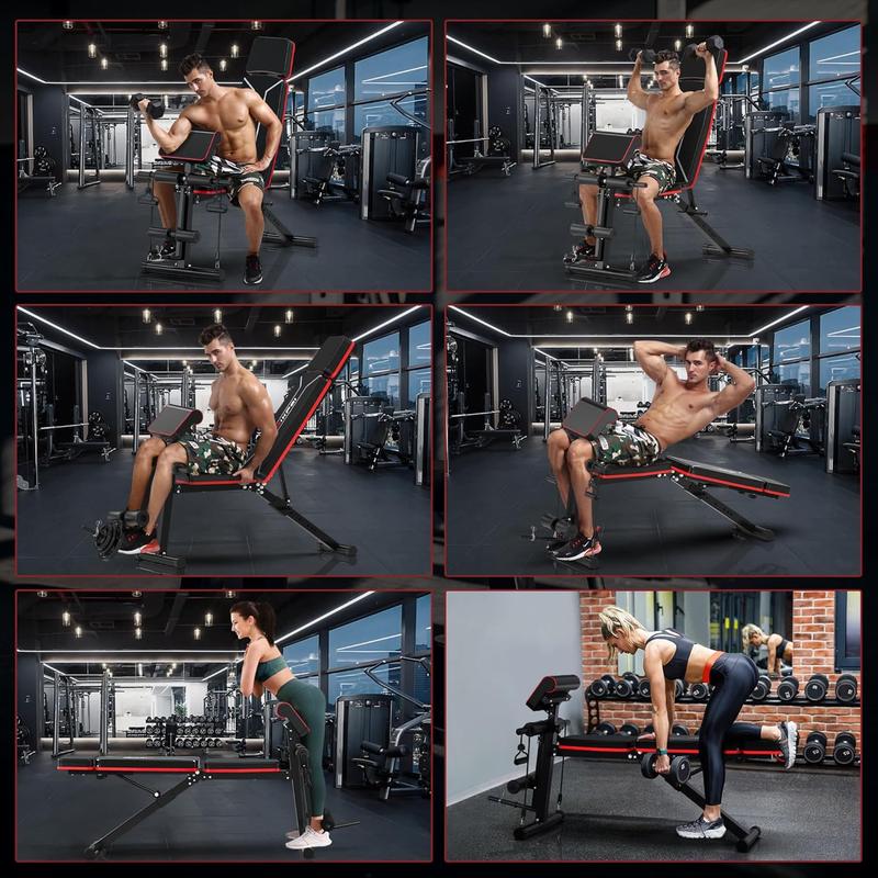 Banco de pesas ajustable con extensión de piernas y almohadilla para predicador - Banco de entrenamiento plegable para gimnasio en casa, banco para hacer ejercicio con inclinación, declinación y abdominales.