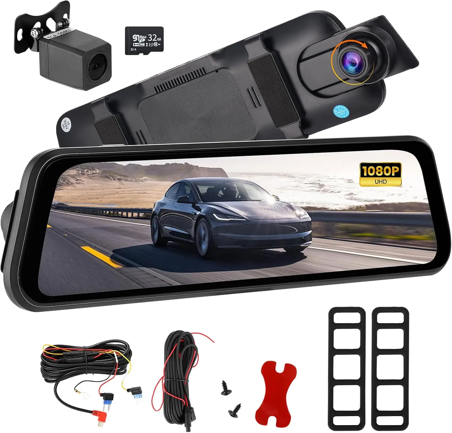 PHILIPS Cámara de Espejo Retrovisor, Cámara de Salpicadero Delantera y Trasera 1080P para Coche, 9.66" DashCam Espejo Pantalla Táctil con Función Visión Nocturna HD,Imagen Reversa,Free 32GB Card