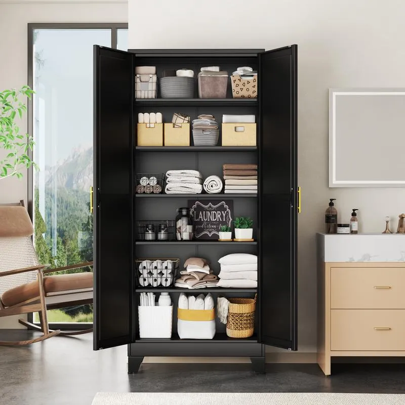 Armario despensa metálico con 2 puertas y 5 estantes ajustables, 190 cm (75"), armarios de almacenamiento de cocina con tiradores dorados, almacenamiento versátil para lavadero, sala de estar, baño, comedor, cuarto de servicio, organizador de muebles para