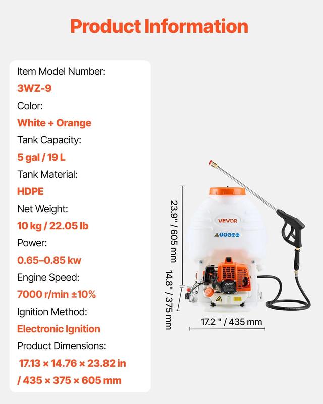 Pulverizador de mochila a gasolina VEVOR, motor de 26,5 cc y 0,9 CV, pulverizador de jardín con depósito de 5 galones, gran cobertura, máquina pulverizadora de césped con lanza de 24 pulgadas y boquillas para una jardinería y agricultura eficientes.