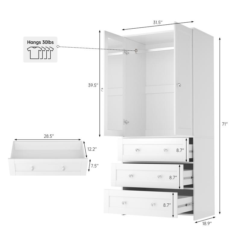 Armario independiente VOWNER, 180 cm de altura, para dormitorio, con 2 puertas y 3 cajones, con barra para colgar ropa, ideal para dormitorio o sala de estar.
