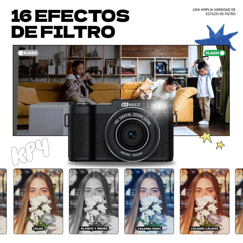 Kitbeez Cámara digital  KP-4 - 75 MP, video 5K, pantalla giratoria de 180° - Memoria de 32 GB incluida