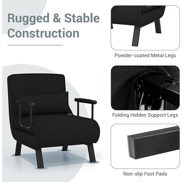 Silla convertible, 4 en 1, silla de lectura para sala de estar con almohada, brazo y respaldo ajustable de 5 posiciones, sofá cama individual, color café Marrón
