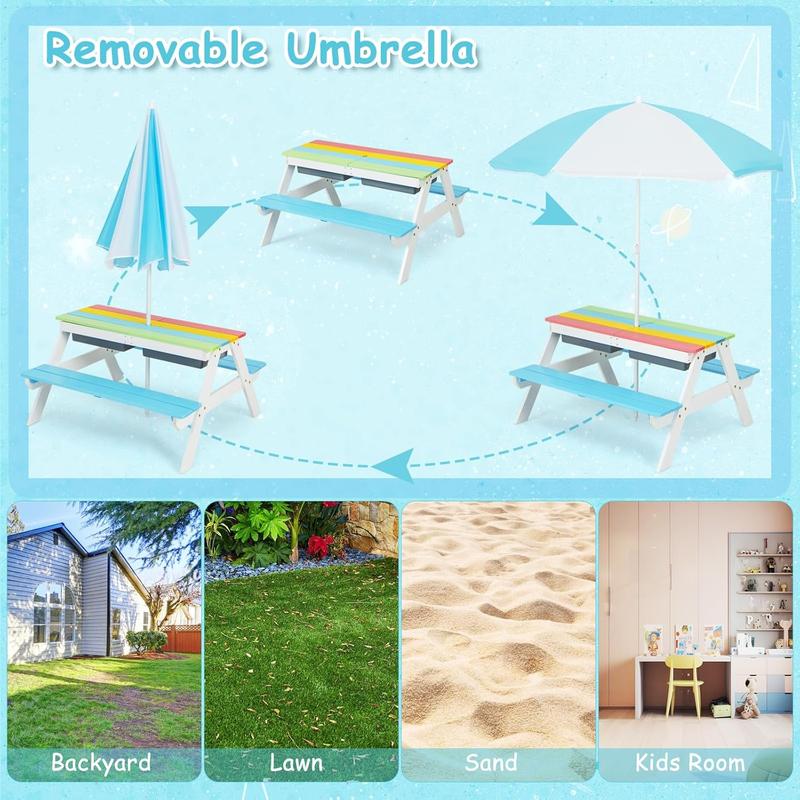 Mesa de picnic infantil Costzon con sombrilla de altura ajustable, para interior y exterior, mesa de arena y agua para jardín, patio trasero, terraza, dealsforyou