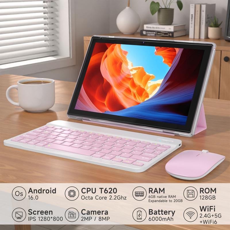 Tableta PEICHENG 2026 Android 16.0 con pantalla IPS de 10.1", 20 GB de RAM (6+14 GB), 128 GB de ROM (ampliable hasta 1 TB), procesador Octa-Core de 2.2 GHz, certificación GMS, WiFi 6, 5G y Bluetooth 5.0. Paquete de tablet perfecto para el trabajo y el oci