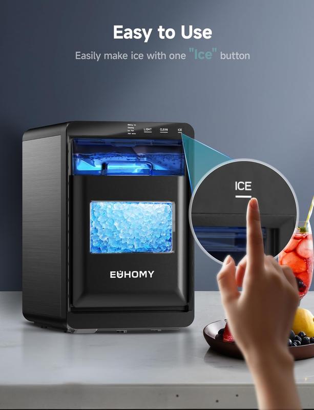 Máquina de hielo en pepitas EUHOMY para encimera, 35 lb/24H y 44 lb/24H, máquina de hielo en guijarros, máquina de hielo en pellets autolimpiante con pala y cesta para hielo, máquina de hielo sónica para encimera para el hogar/cocina/oficina (negra)